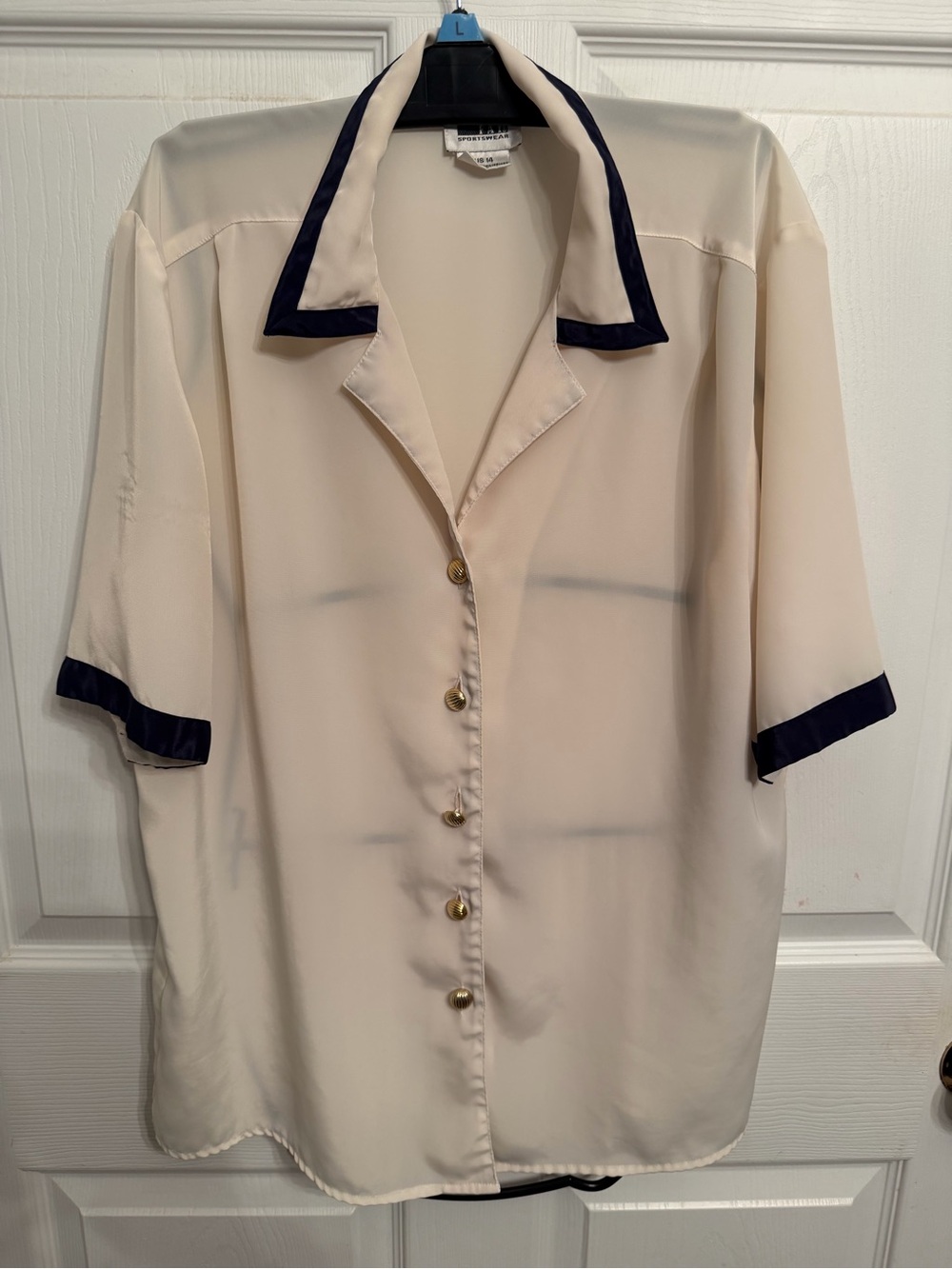 Vintage 90s Leslie Fay Blouse Gold Buttons short Sleeve Size 14 Beige & Black